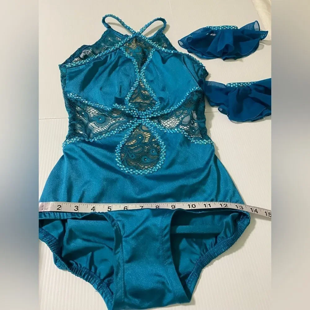 Competition Custom solo contemporary Dance Costume teal illusion SA Small adult